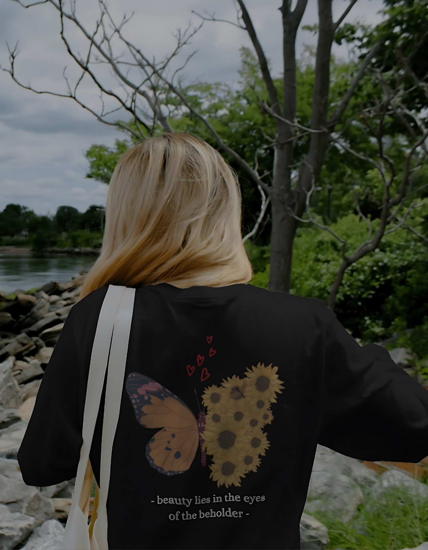 Floral Butterfly Oversized Black Tees